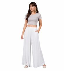 Generic Women's Georgette Solid Mid-Rise Wide Leg Flared Palazzo with Elastic Waist (White)