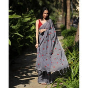 Generic Women's Linen Printed Saree With Unstitched Blouse 5.5Mtr (Grey)