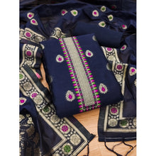 Generic Women's Banarasi Silk Printed Unstitched Salwar Suit Material With Dupatta (Navy Blue, 3Mtrs)