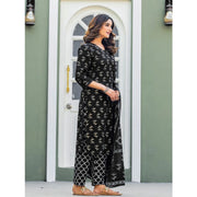 Generic Women's Cotton Blend Printed Kurti With Pant Dupatta Set (Black)