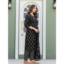 Generic Women's Cotton Blend Printed Kurti With Pant Dupatta Set (Black)