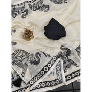Generic Women's Linen Cotton Printed Saree With Unstitched Blouse 5.5Mtr (Cream &amp; Black)