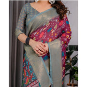 Generic Women's Linen  Printed Saree With Unstitched Blouse 5.5Mtr (Purple)
