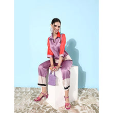 Generic Women's Satin Colour Block Long Sleeves Co-Ord Set (Multicolor)