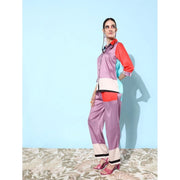 Generic Women's Satin Colour Block Long Sleeves Co-Ord Set (Multicolor)