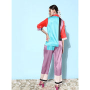 Generic Women's Satin Colour Block Long Sleeves Co-Ord Set (Multicolor)