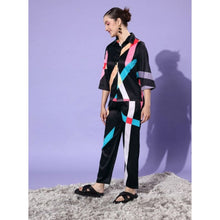 Generic Women's Satin Colour Block Long Sleeves Co-Ord Set (Multicolor)