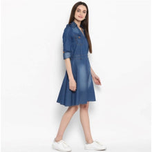 Generic Women's Denim Solid Roll Up Sleeve Dress (Blue)