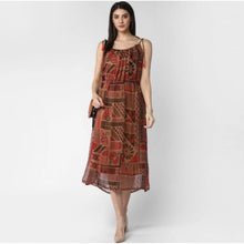 Generic Women's Polyester Printed Shoulder Straps Dress (Maroon - Brown)