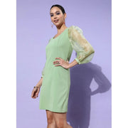 Generic Women's Organza And Polyester Lycra Solid Long Sleeves Dress (Green)