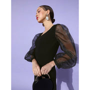 Generic Women's Organza And Polyester Lycra Solid Long Sleeves Dress (Black)