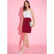 Generic Women's Polyester Lycra Color Blocking Shoulder Straps Dress (White - Maroon)