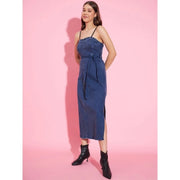 Generic Women's Denim Solid Shoulder Straps Dress (Blue)