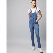 Generic Women's Denim Lycra Solid Buttoned Dungaree (Ice Blue)