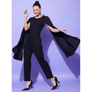 Generic Women's Polyeter Solid Cape Sleeve Jumpsuit (Black)