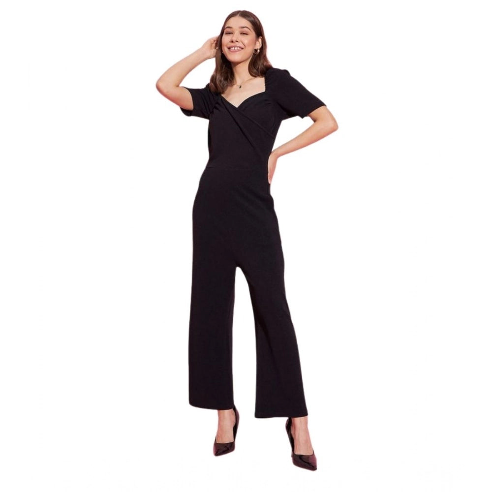 Generic Women's Polyester Lycra Solid Puff Sleeve Jumpsuit (Black)