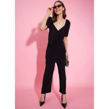 Generic Women's Polyester Lycra Solid Puff Sleeve Jumpsuit (Black)