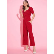 Generic Women's Polyester Lycra Solid Puff Sleeve Jumpsuit (Red)