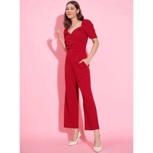 Generic Women's Polyester Lycra Solid Puff Sleeve Jumpsuit (Red)
