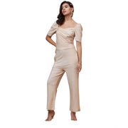 Generic Women's Polyester Shimmer Self Design Short Sleeve Jumpsuit (Gold)
