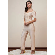 Generic Women's Polyester Shimmer Self Design Short Sleeve Jumpsuit (Gold)