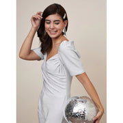 Generic Women's Polyester Shimmer Self Design Short Sleeve Jumpsuit (Silver)