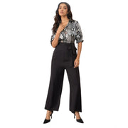 Generic Women's Satin And Polyester Floral Half Sleeves Jumpsuit (Grey - Black)