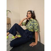 Generic Women's Polyester Floral Half Sleeves Jumpsuit (Navy - Yellow)