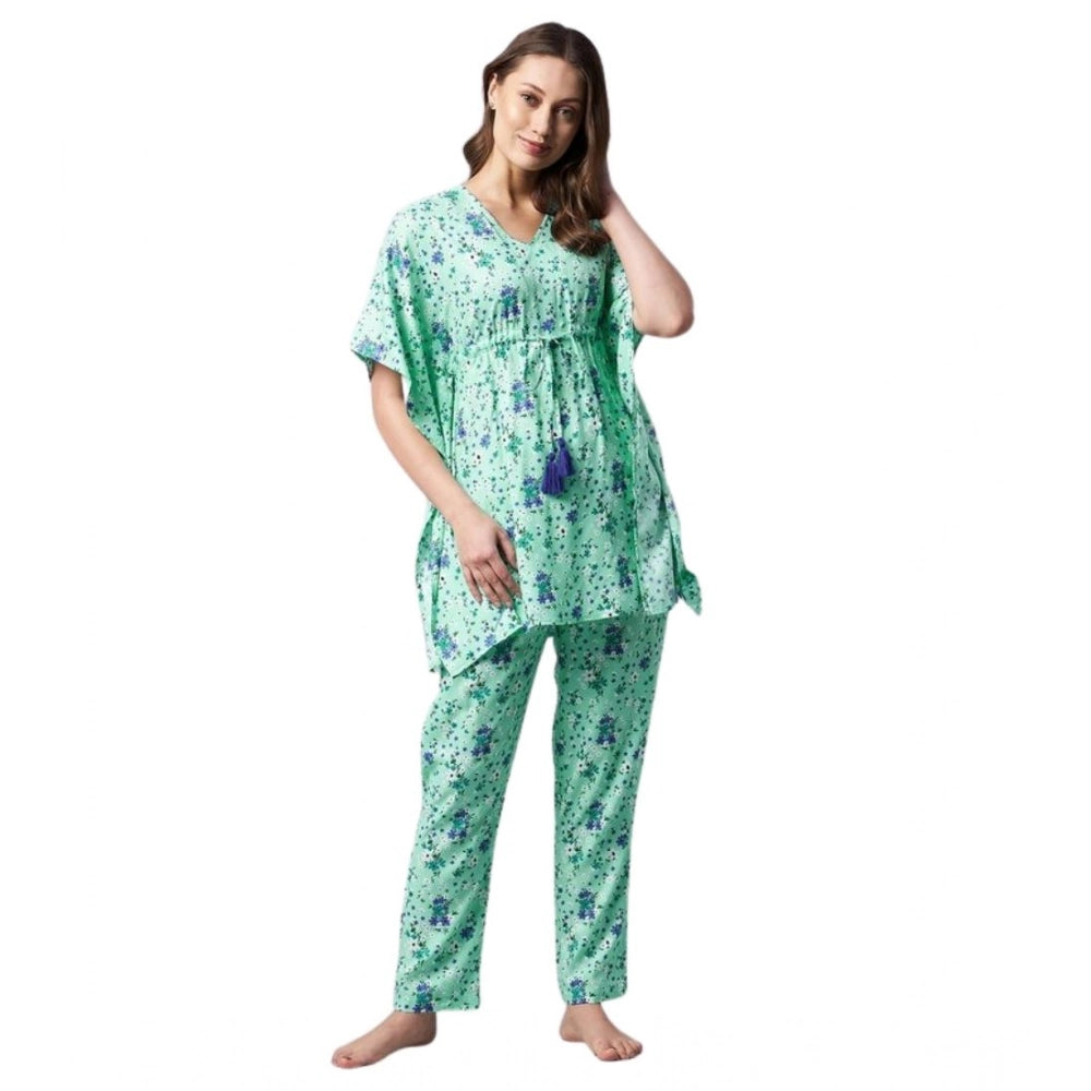 Generic Women's Rayon Floral Kaftan Sleeve Night Suit (Green - Blue)