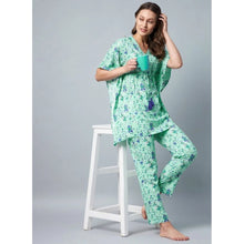 Generic Women's Rayon Floral Kaftan Sleeve Night Suit (Green - Blue)