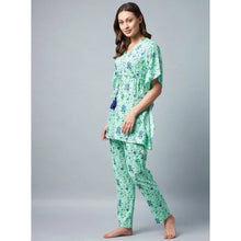 Generic Women's Rayon Floral Kaftan Sleeve Night Suit (Green - Blue)