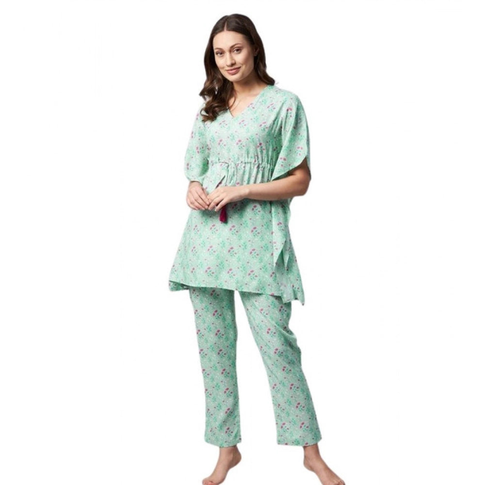 Generic Women's Rayon Floral Kaftan Sleeve Night Suit (Green - Pink)