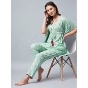 Generic Women's Rayon Floral Kaftan Sleeve Night Suit (Green - Pink)