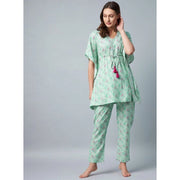 Generic Women's Rayon Floral Kaftan Sleeve Night Suit (Green - Pink)