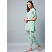 Generic Women's Rayon Floral Kaftan Sleeve Night Suit (Green - Pink)