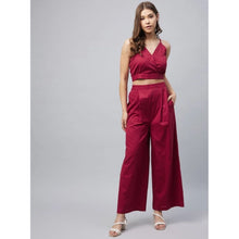 Generic Women's Cotton Linen Solid Sleeveless Crop Top and Palazzo Set (Maroon)
