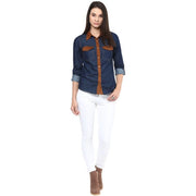 Generic Women's Denim Cotton based Solid Long Sleeves Shirt (Blue)