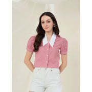 Generic Women's Cotton Checkered Half Sleeve Shirt (Red - White)