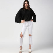 Generic Women's Polyester Pleated Balloon Sleeve Top (Black)
