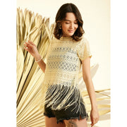 Generic Women's Polyester Lace Self Design Short Sleeve Top (Yellow)