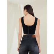 Generic Women's Denim Lycra Solid Sleeveless Top (Black)