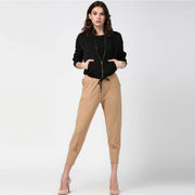 Generic Women's Polyester Solid Elasticated Trousers (Beige)