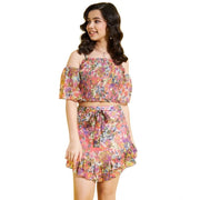 Generic Girl's Polyester Lurex Floral Shoulder Straps Top and Skirt Set (Peach-Multicolor)