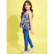 Generic Girl's Polyester Floral One Shoulder Jeggings Set (Blue)