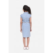 Generic Girl's Denim Hi Lo Short Sleeve Dress with Belt (Blue)