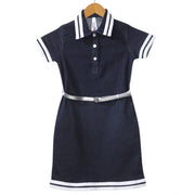 Generic Girl's Denim Lycra Ribbed Elasticated Dress with Belt (Navy Blue-White)