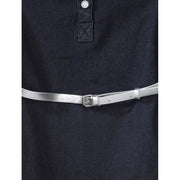 Generic Girl's Denim Lycra Ribbed Elasticated Dress with Belt (Navy Blue-White)