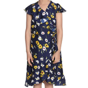 Generic Girl's Polyester Crepe Polka Cold Shoulder Dress (Navy Blue)