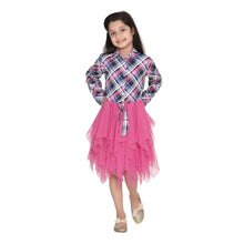 Generic Girl's Polyster Crepe Lace Inserts Long Sleeves Dress (Pink-Blue)
