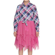 Generic Girl's Polyster Crepe Lace Inserts Long Sleeves Dress (Pink-Blue)